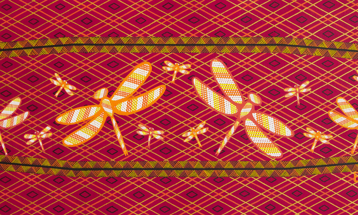 Closing The Gap - A vibrant painting featuring dragonflies and flowers in orange, white, and yellow on a red and patterned background.