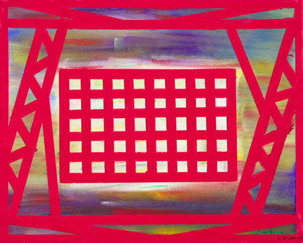 A vibrant artwork featuring a bold, red grid against a colorful, abstract background with intersecting lines and geometric patterns.