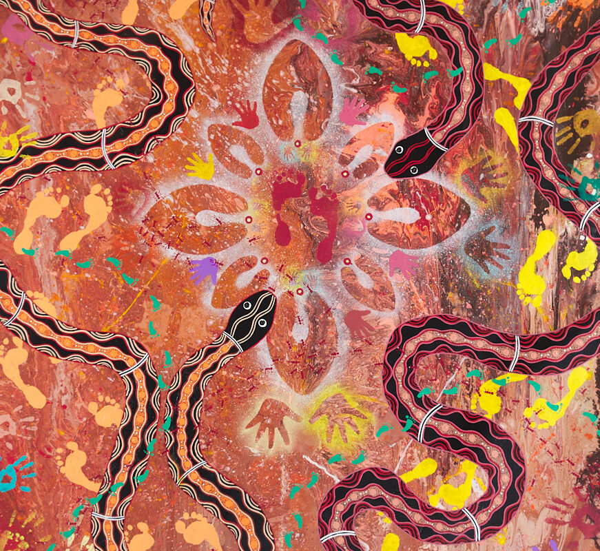 Colourful painting featuring intertwined snakes, handprints, and footprints against a vibrant, textured background.