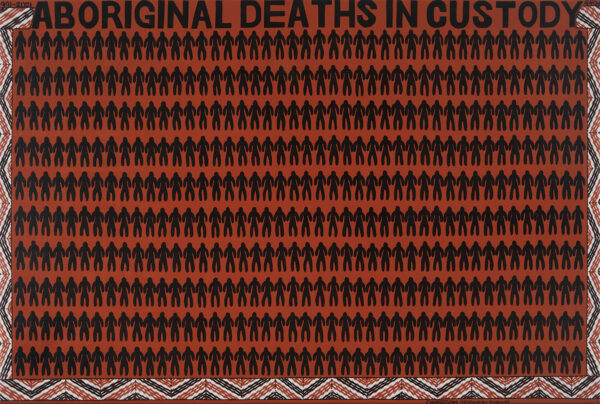 An artwork featuring rows of black silhouettes on a red background with text at the top which reads 'Aboriginal Deaths in Custody'
