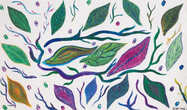 A colorful painting featuring various leaves and organic shapes in vibrant greens, purples, and blues on a white background.