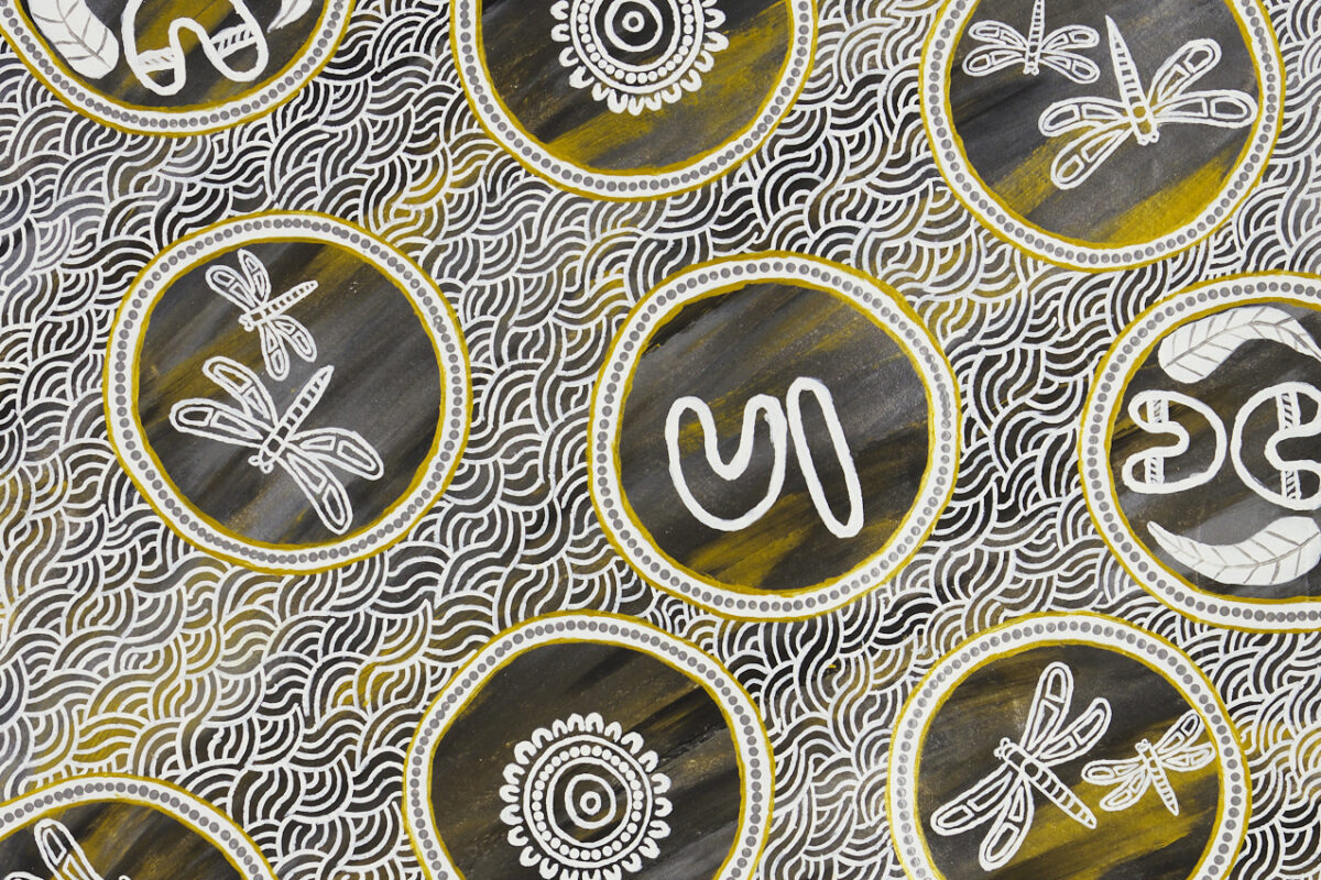 A vibrant painting featuring circular designs of animals, patterns, and symbols against a black and yellow wavy background.