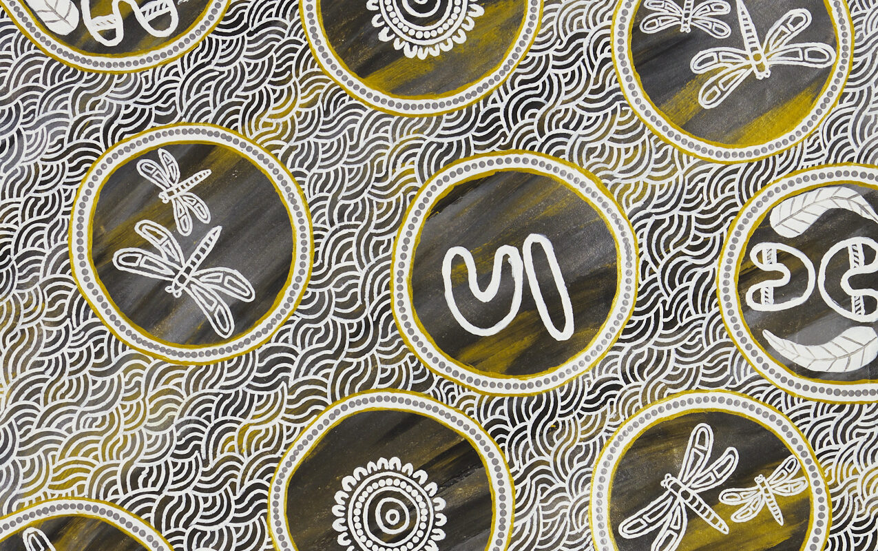 A vibrant painting featuring circular designs of animals, patterns, and symbols against a black and yellow wavy background.