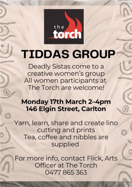 Invitation to Tiddas Group – for Monday 17 March, 2–4pm at The Torch